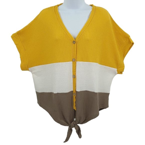 Umgee USA Pullover Tie Waist Waffle Knit Top Womens S Short Sleeve V Neck NEW - Picture 1 of 12